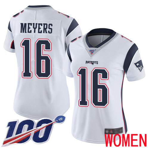 New England Patriots Football #16 100th Season Limited White Women Jakobi Meyers Road NFL Jersey